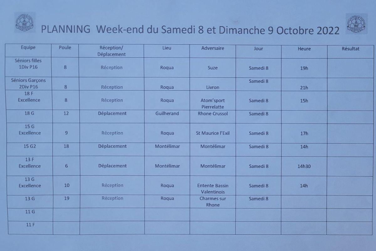 Planning week-end 8 octobre